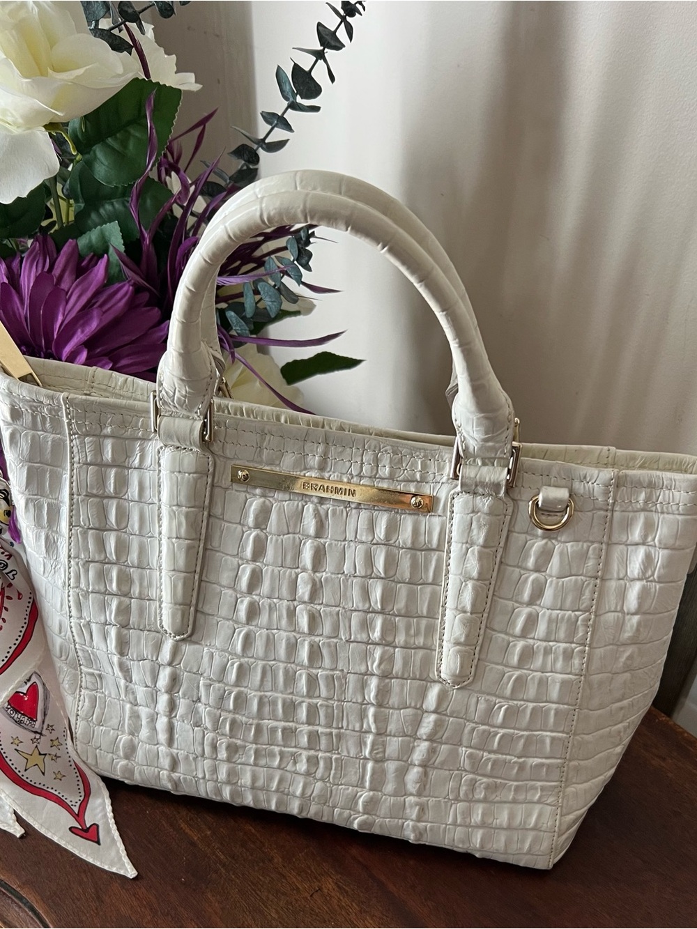 Brahmin White Croc-Embossed Shoulder Tote